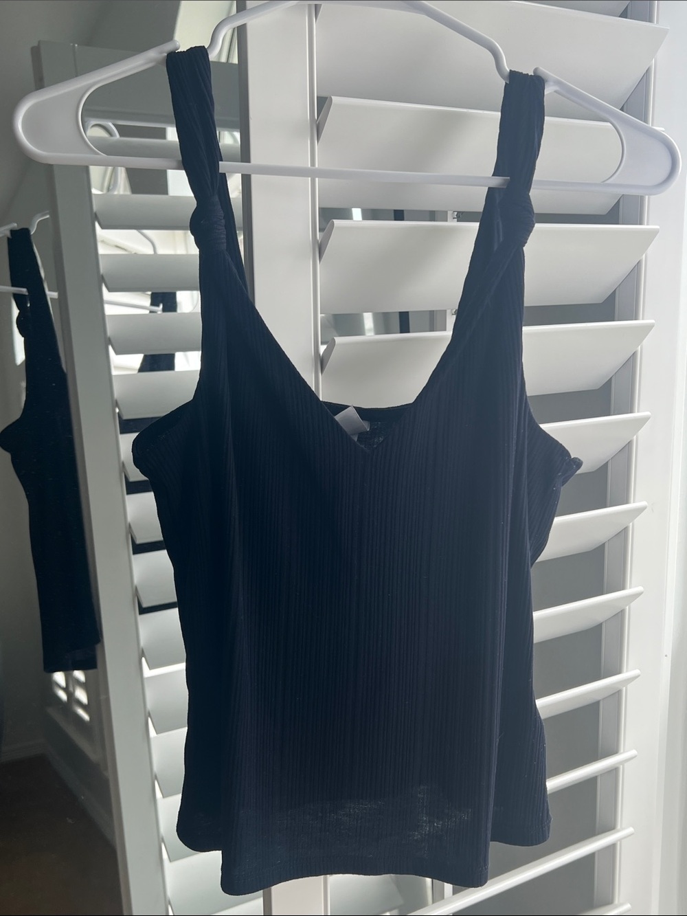Women's Navy Ribbed Knot-Shoulder Tank Top